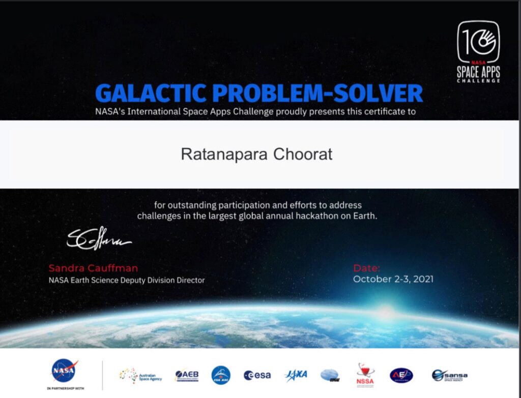 Hackathon - Nasa Space Apps Challenge Certificate  - ratanapara GoooD